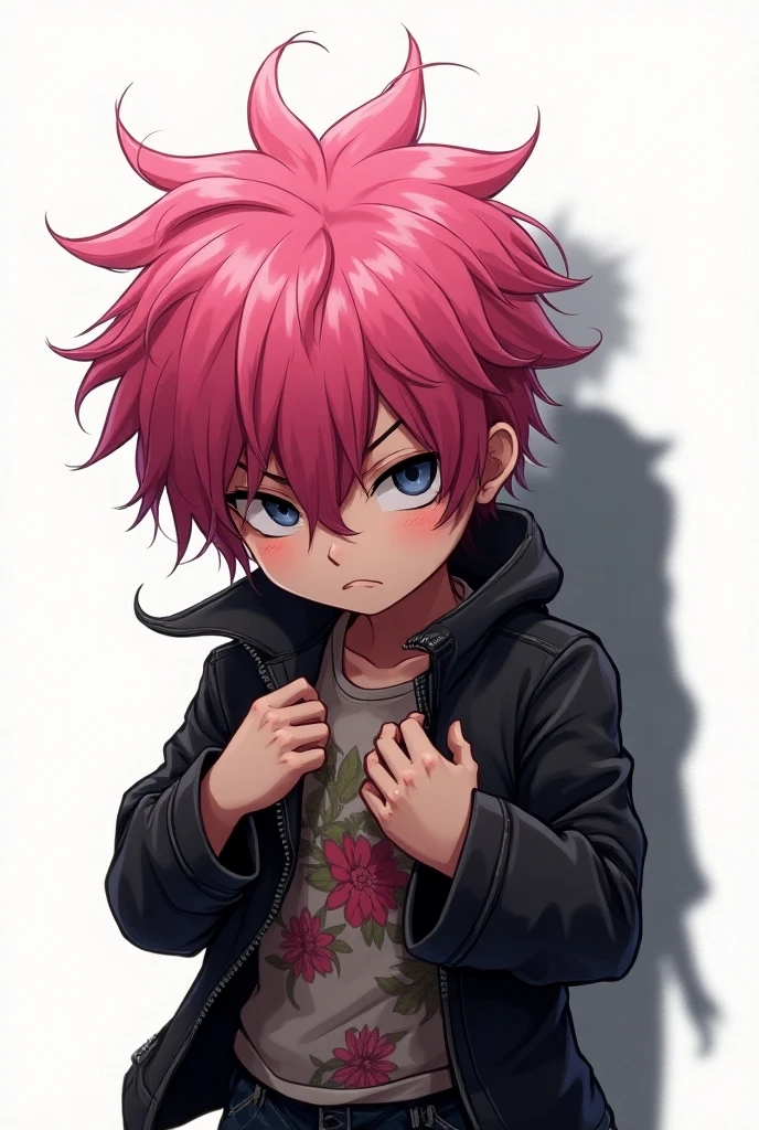 A boy, reddish pink hair, fluffy shot hair ,Her skin is somewhat pale , rectangular eyes, red eyes, naked (no clothes), expresión facial climax , from head to toe, Whole body,big dick , climax , full body ,he is alone , 1 boy 