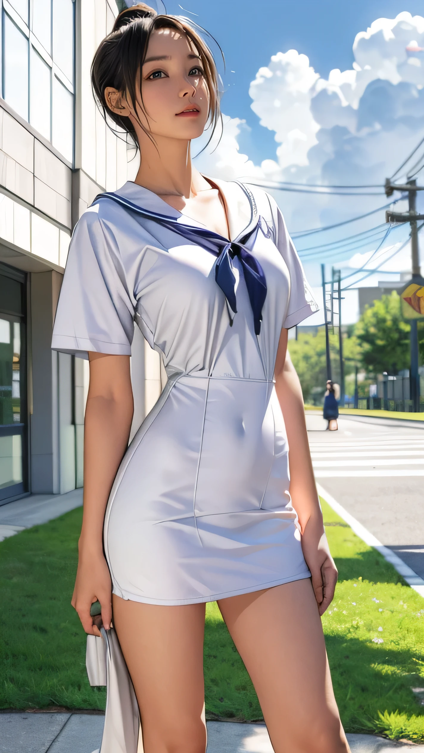 Thin tights,Sailor Suit, V-neck dress, Front and back view, Front and back, 18 years old, Japanese Girls , 480p 