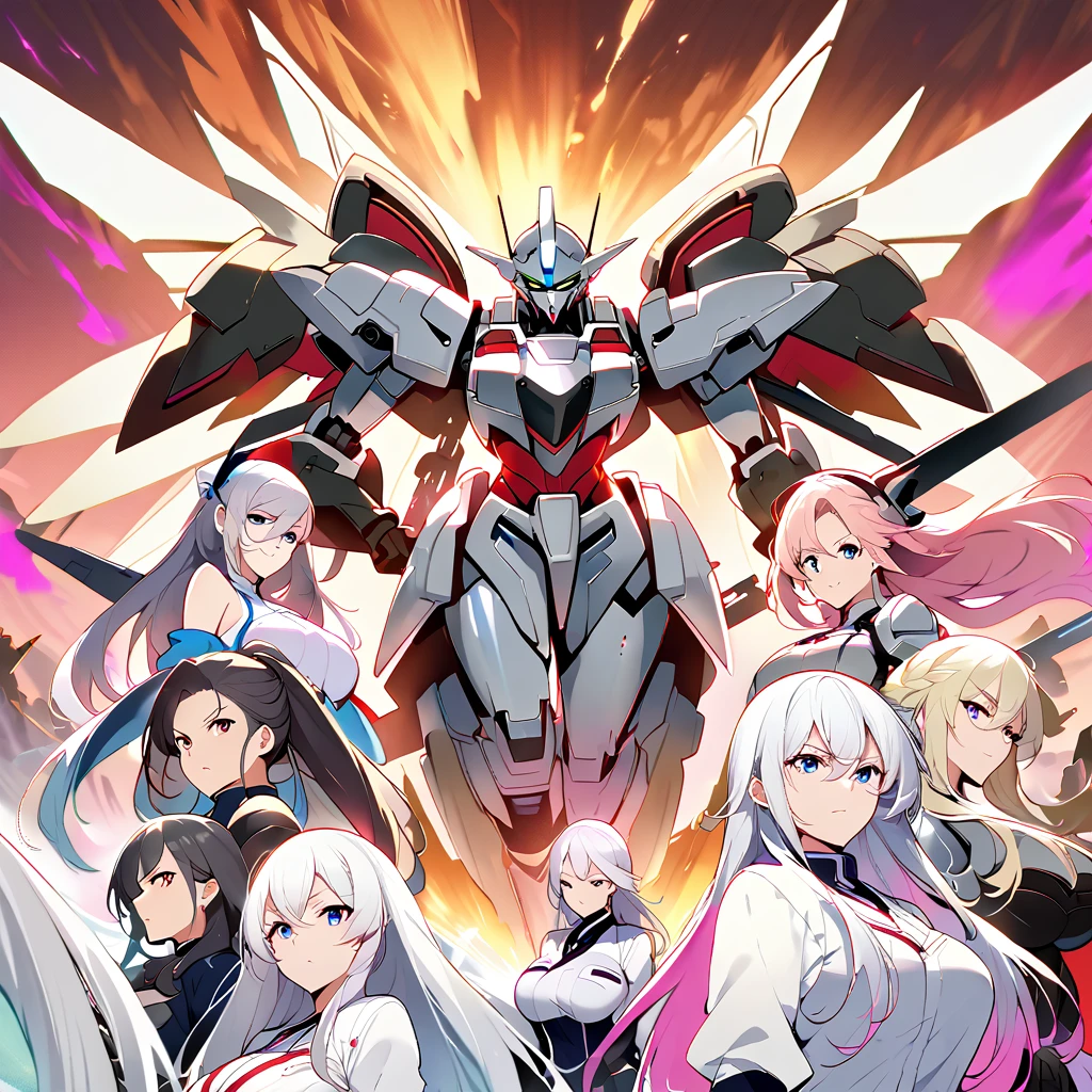 Anime, high detailed, multiple womans, mature womans, shiny-like mecha armor, large mechanical wings, large Gauntlet, serious, curvy body, long mechanical wings, mecha weapons、Colored armors、magenta Colored aura、BLUE Eyes, elongated pupils,  Mature Woman、magenta aura、womans surrounding, background a crumbled city