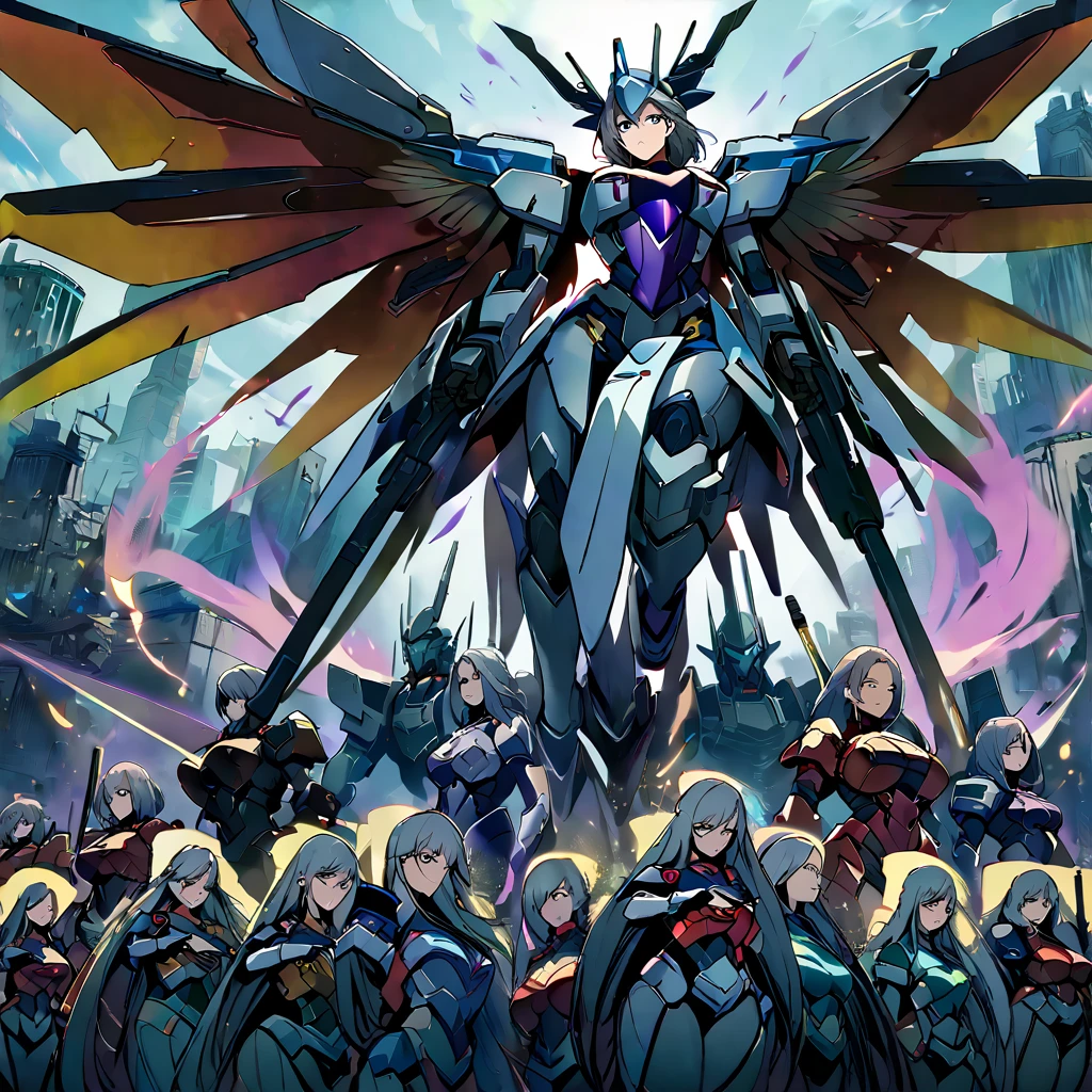 Anime, high detailed, multiple womans, mature womans, shiny-like mecha armor, large mechanical wings, large Gauntlet, serious, curvy body, long mechanical wings, mecha weapons、Colored armors、magenta Colored aura、BLUE Eyes, elongated pupils,  Mature Woman、magenta aura、womans surrounding, background a crumbled city