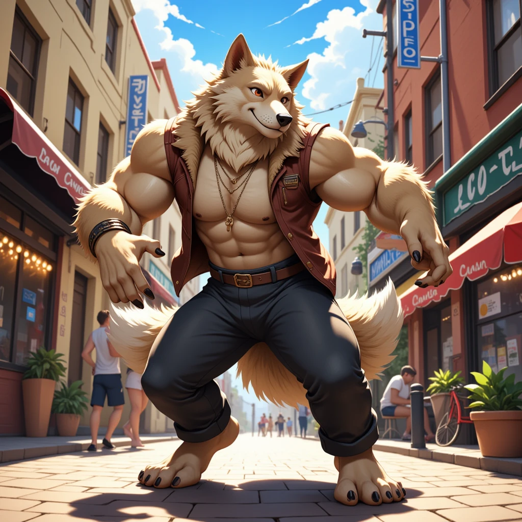 character focus, full body, looking away, dynamic angle, street dancer, muscular middle-aged wolf man, happy, little smile, street fashion, jacket, pants, street dance, dancing, dynamic pose, standing, full body in Michelangelo Buonarroti style, digital illustration anime, housamo style, detailed painting landscape, afternoon, city scape, street, outdoor, full color, HDR, BREAK complete anatomy, perfect proportions, beautiful thigh gap, fluffy body, intricate fur details, beautiful fur texture, BREAK detailed wolf tail, detailed toe, 5toes, 5toes nails, beautiful foot, detailed hands, 5fingers, 5fingers nails, BREAK aesthetic anime face, insanity detailed face, male face, big face, square jawline, aesthetic anime eyes, detailed brown eyes, detailed brown cornea, detailed dark brown irises, detailed pupils, male eyes, big eyes, male eyebrows, innocent look, beautiful beard, BREAK masterpiece, official art, best quality, very aesthetic, absurdres, super fine illustration, great quality, BREAK noise reduction, very highres, large filesize, high quality, 32K, 8k wallpaper, dynamic lighting, BREAK insanity detailed, ultra detailed, intricate details, extremely detailed, detailed texture, an extremely delicate and beautiful, BREAK e621 illustration, osukemo, kemohomo, anthropomorphic, furry, cartoon, harmonious body, pastoral face, virtuous eyes, street atmosphere