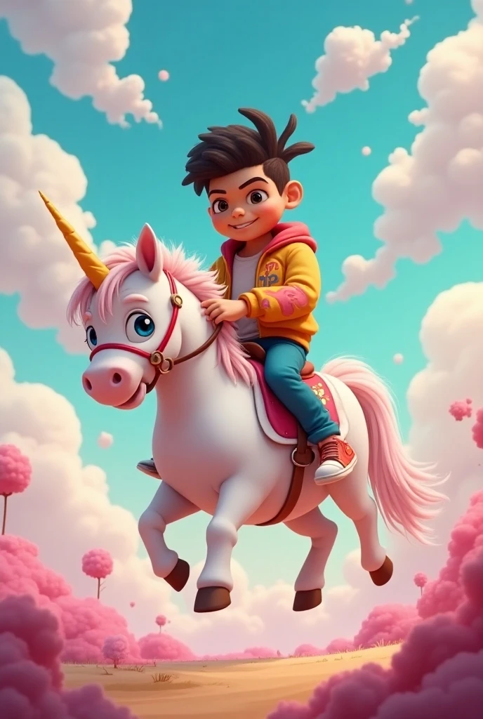 Draw a very homeless 1 boy riding a colorful unicorn 