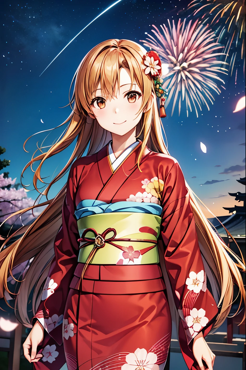  best quality,   High Resolution  ,One Girl、Alone、smile、(  animated illustration style ), Asuna.Yuki, charming orange eyes、Beautiful long hair、 attractive look 、綺麗なfirework、(Cherry blossoms at night 、Starry Sky)、firework、(夜空に咲く大輪のfirework:1.10)、Attractive eyes、stroll,(Japanese Kimono:1.3),(Realistic, Genuine, Genuine的、Realistic),  best quality、   cowboy shot,