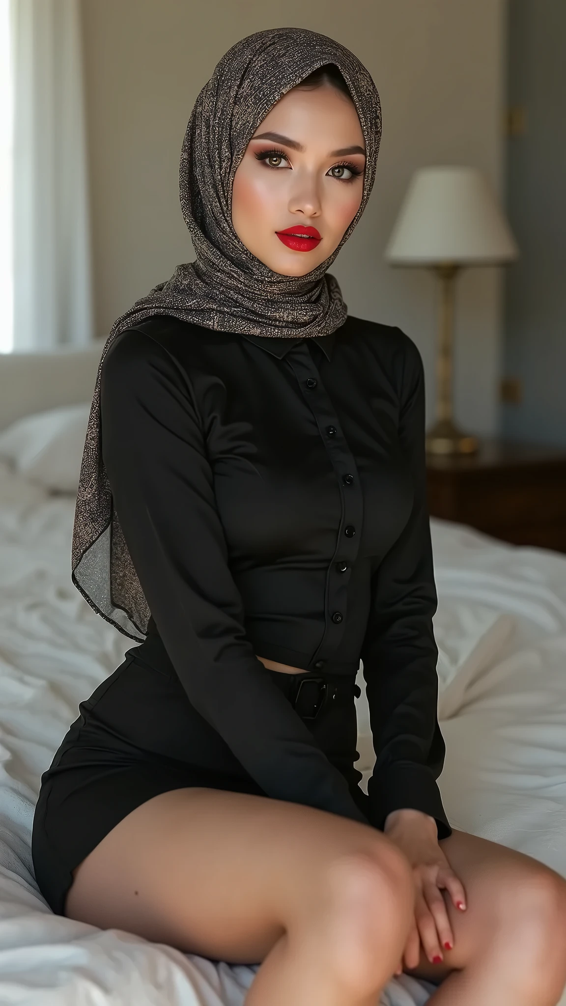 Woman hijab body suit
 wearing tight satin dress and sitting on bed