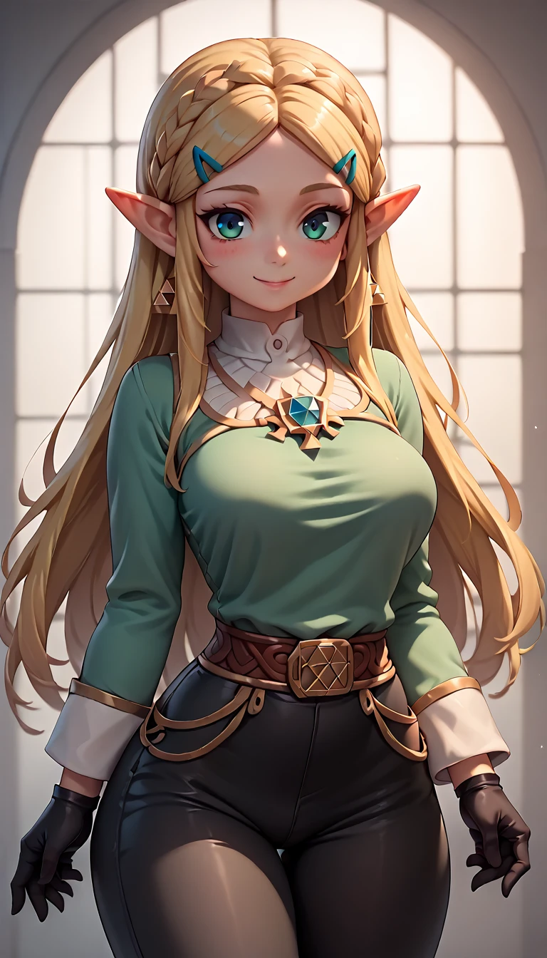 High resolution, Very detailed, perfect lighting, beautiful detailed eyes,   ((masterpiece,Best Quality)), absurdities, alone,     princess zelda, by the width, crown braid, Hair clip, pointy ears, Green shirt, long sleeves, Gloves without fingers, black gloves, Black pants, tight pants, smile, curves, nod,   ,  deep neckline, deep neckline 