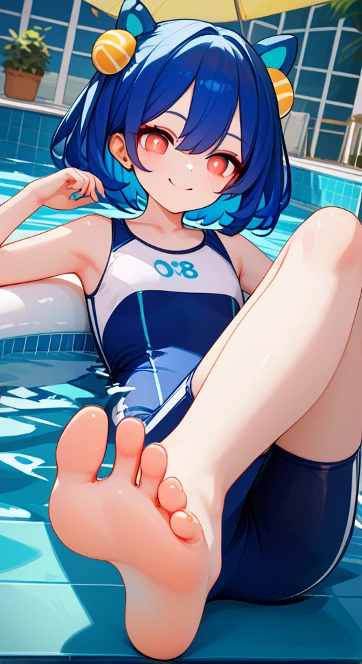 score_9,score_8_up,score_7_up,score_6_up,score_5_up, swim suit, indoor swimming pool hall, Bao the Vtuber and Streamer, Solitary, Foot Focus,hypno feet, hypnotic feet, Filian tries to hypnotize viewer with nylon soles of feet, possessive, mind control, brainwash, 3D Rendered Anime style, short hair, Bao shows soles of feet, foot focus, sole, nylon feet, shoes are taken off, young soles, smug, five toes, chucks taken off, sports wear, BaoTheWhale, 1girl, solo, liquid hair, red eyes, blue hair, very long hair, collarbone, bangs, hair between eyes, sleeveless dress