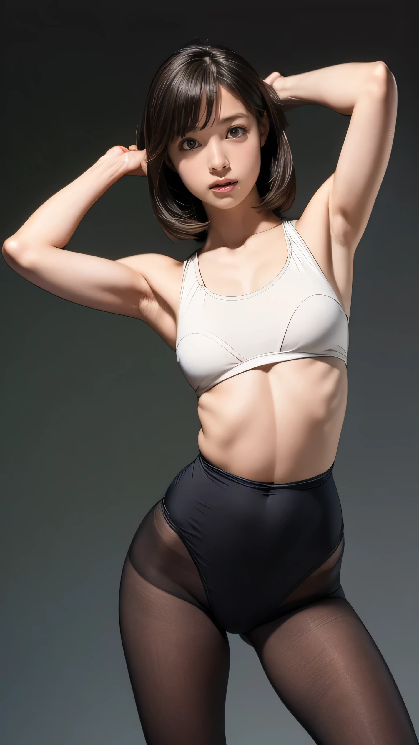 (two persons)、(Detailed full body RAW photo of girl)、(masterpiece:1.0)、(highest quality:1.4)、(Super high resolution:1.2)、(Photoreal:1.4)、8K resolution、Canon EOS R5、50mm、absurd、super detailed、(25 years old)、sharp focus、movie lighting、detailed beauty face、(compensate:1.2)、(Ulchan-6500-v1.1)、expensive、fine skin texture、pale skin、big and full breasts、(Slender and well-fitting body of pale purple color:1.3)、thigh gap、 Detailed brown short hair、(very dirty hair:1.5)、(Avril Lavigne:0.7)、laughter、(Tight Yoga Wear:1.4)、realistic glowing skin、(sports gym:1、Power Rack、I could see the whole body)、(camel toe:1.3)、(sweating:1.45)、slim waist、enchanting smile、solo
