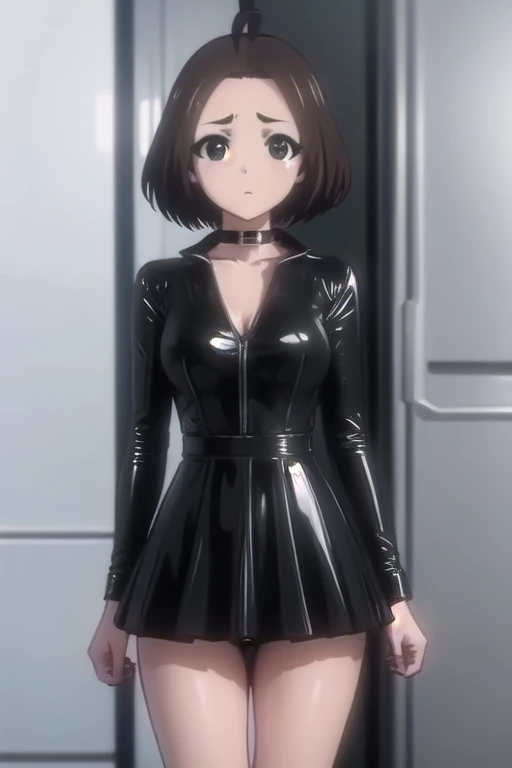 Ricamakiba ,  colleague savings ,  Short Hair ,  brown hair, a gift, (black eyes:1.5), ahoge, hair a gift,
BREAK latex,  up to thighs  , long sleeves,  black latex dress , seraph, necklace, black  up to thighs  ,  black latex skirt , collar, zettai 료iki, black seraph, shoes heels,
BREAK indoors, Class,
BREAK looking at viewer, ( cowboy shot:1.5),
BREAK (masterpiece:1.2),  Best quality ,   High definition, обои unity 8k, ( illustration:0.8), (  Beautiful detailed eyes  :1.6),  extremely detailed face,  perfect lighting ,  extremely detailed CG , (perfect hands, Perfect Anatomy), full height whole body ,   sexy position standing on the stairs, legs in the frame, frame background ,