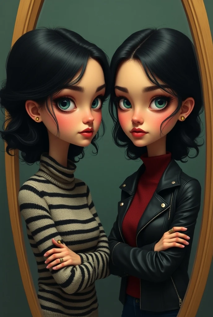 2 woman who is pretty , have black curly hair and the hair reaches a little below the shoulders , be cute and be a caricature but at the same time look tired and with many dark circles and be skinny not curvy open your eyes don&#39;t sexualize her so much