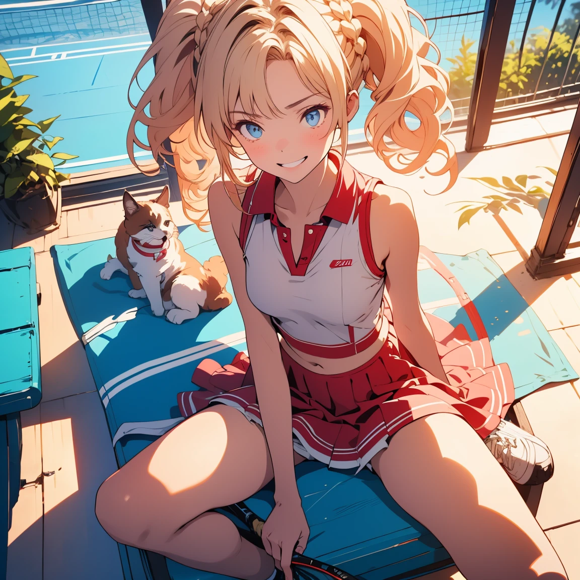 ( masterpiece), best quality, expressive eyes, perfect face, highres, moody angle, medium breast, from above, cowboy shot, solo, Buoyant Smile, 1girl, zetadef, twintails, tennis dress, white sneakers, white panties, sitting on court, knee up, spread legs, tennis court, trees,( panty shot)