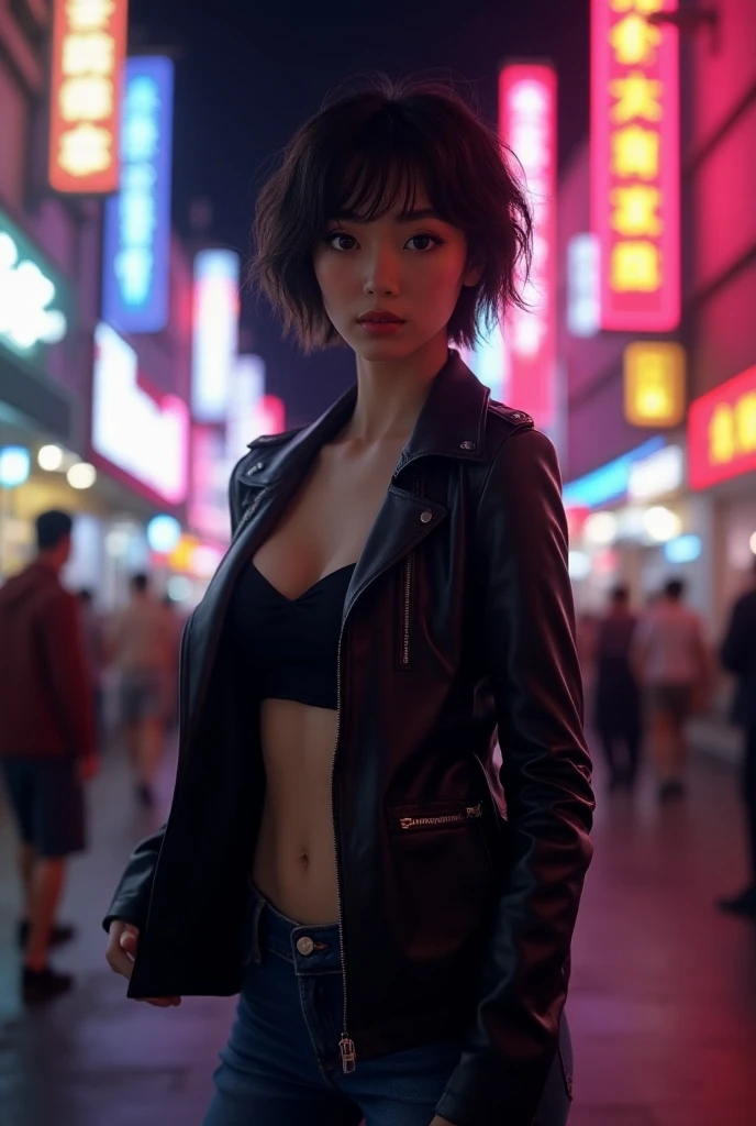 ((1girl)), one beautiful girl, detailed beautiful hair, detailed beautiful eyes, short black hair, small breasts, loose unzipped leather jacket, white bra, jean shorts, standing on sidewalk, evening, nighttime, night, city lights, big city, cyberpunk city, rain, soaking wet, standing, cowboy shot, cinematic lighting, dramatic lighting,