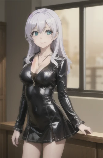 Kate Takayama , Kate Takayama ,  long hair,  white hair, a mole,  aqua eyes , a mole under eye, smile,
BREAK long sleeves, dress,  Jewelry, necklace, black латекс dress, cross, latex short dress, shoes heels, habit, cross necklace,
BREAK indoors, Class,
BREAK looking at viewer, ( cowboy shot:1.5),
BREAK (masterpiece:1.2),  Best quality ,  High definition, обои unity 8k, ( illustration:0.8), ( beautiful detailed eyes:1.6),  extremely detailed face,  perfect lighting ,  extremely detailed CG , (perfect hands, Perfect Anatomy),  full height,