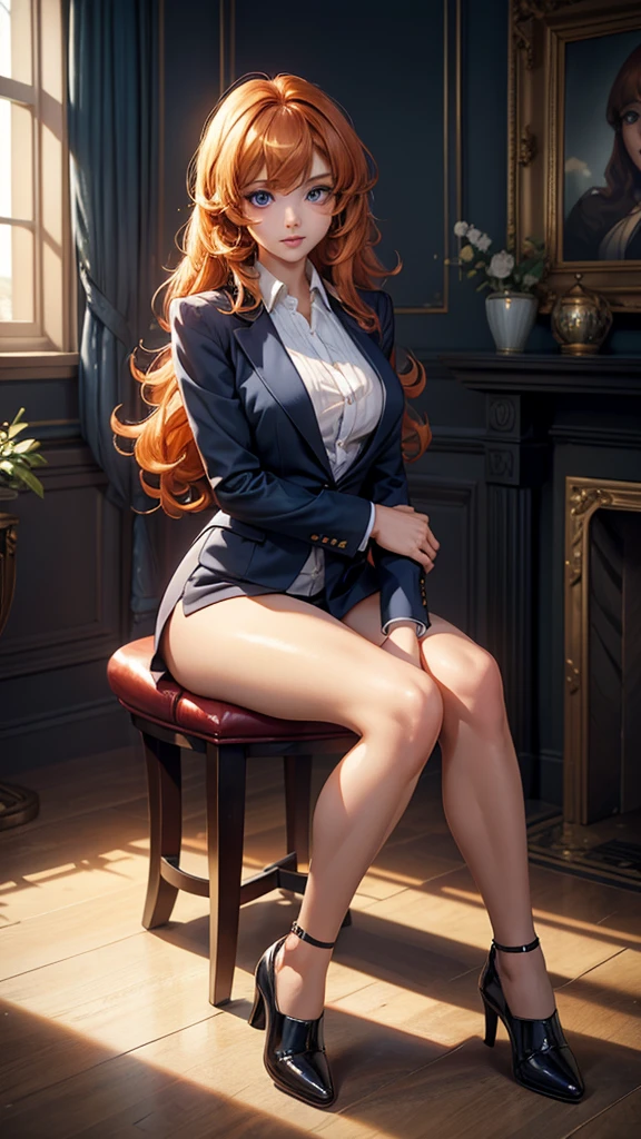 Anime image of a serious white girl with very long hair in a Greek braid hairstyle with straight, straight reddish-orange bangs and sunset-orange-reddish eyes, wearing a formal black with black full-coverage tights with black shoes in a fancy old school