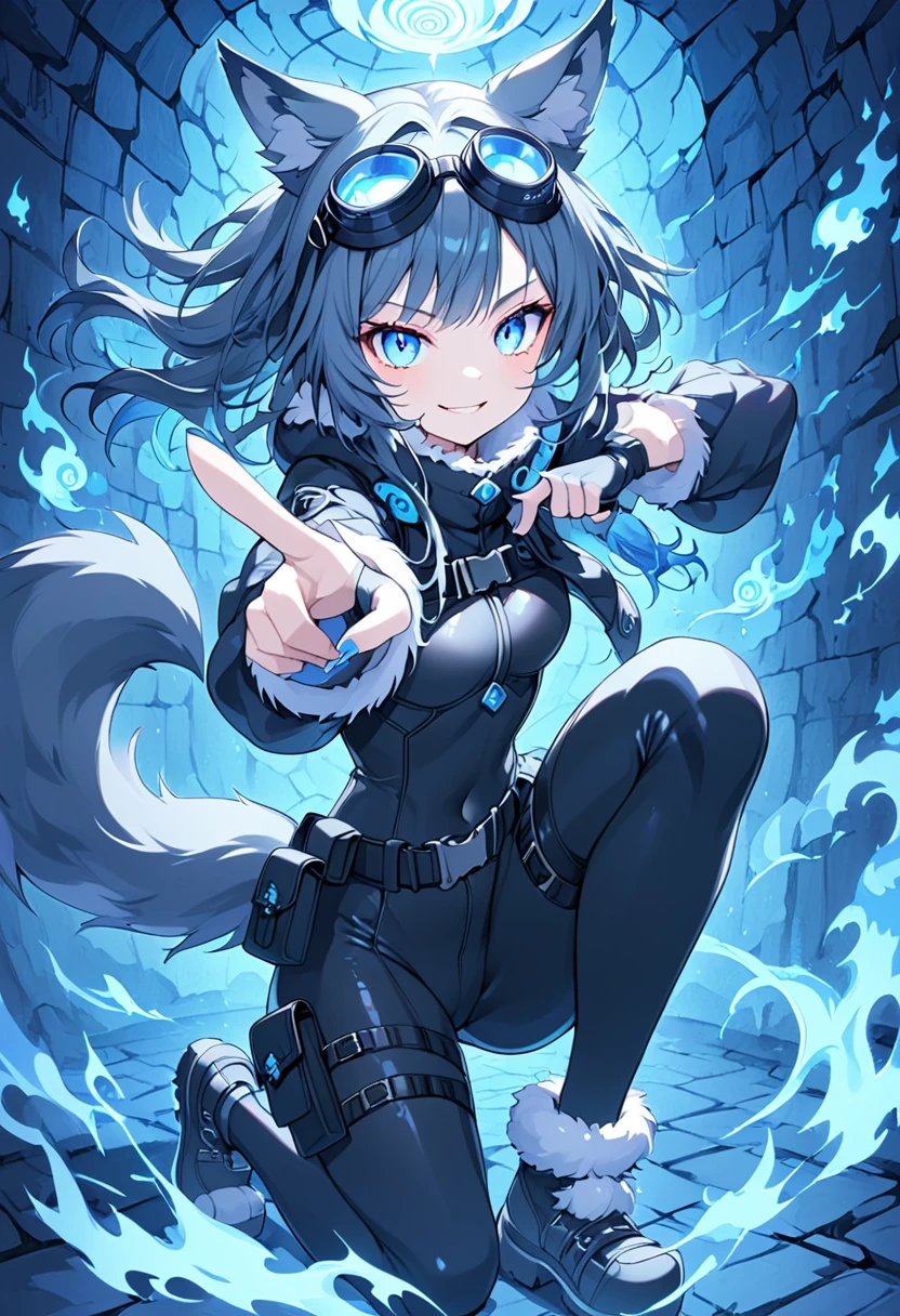 1wolf girl, multi colorerd eyes, wolf tail, wolf ears, long hair, (smirk:0.9), cute, 
(blue aura:1.1), 
fur-trimed bodysuit, waist pouch, fur fingerless gloves, goggles, 
one knee, pose, 
fingergun pointing at viewer , underground labyrinth, blue flame lantern, 
sharp focus, looking at viewer, 
(intricate:1.1), (pale blue tone:1.1), (black tone:0.9), (pale blue atmosphere:1.1), 
llustration,xill,magical,gloss,analogous 