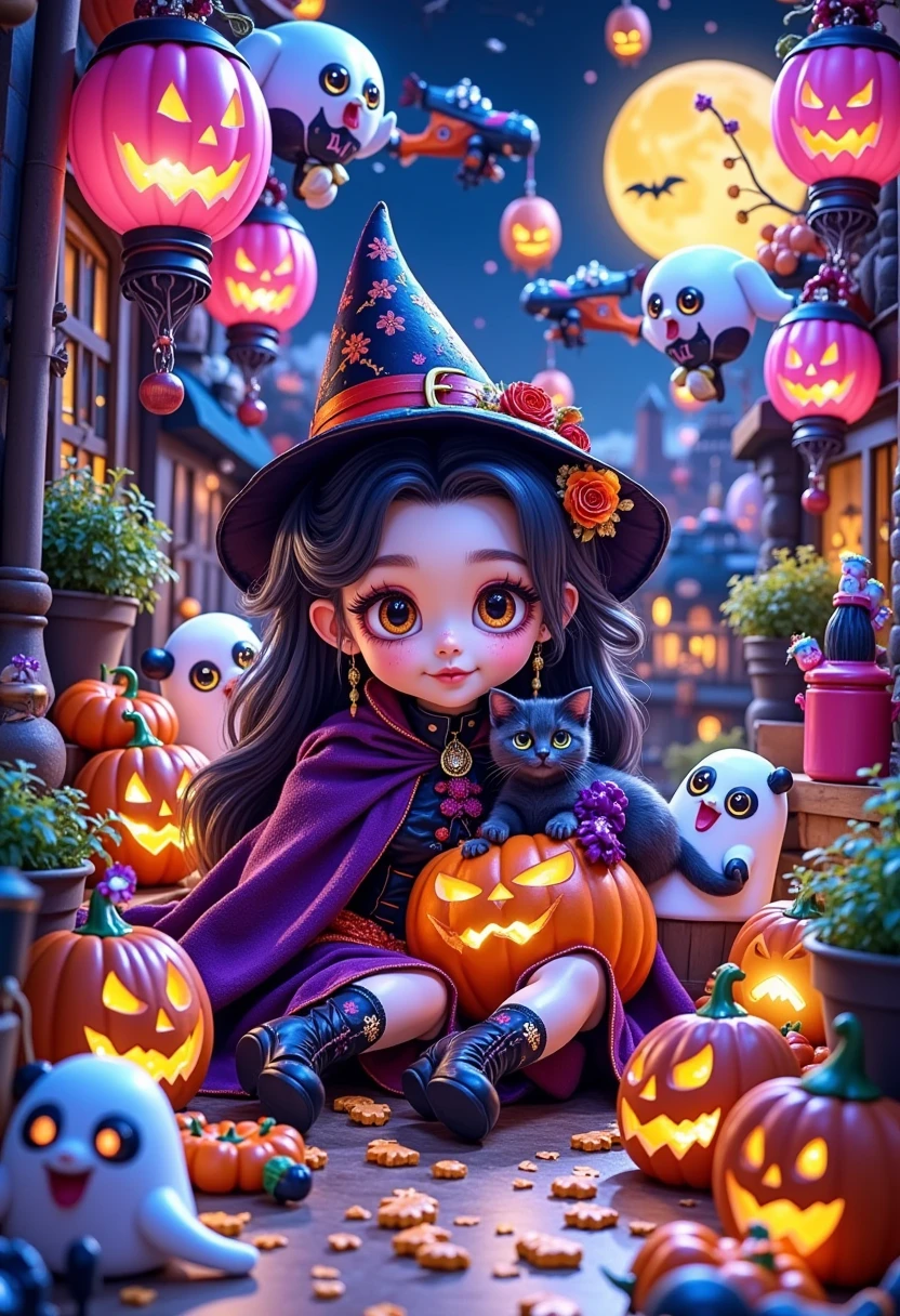 This image is a digital illustration of a city: a Halloween shop. The shop is located in the centre of the image,surrounded by skyscrapers and skyscrapers. The sky is blue and pink hot air balloons float above the shop. In front of the shop there is a little witch wearing a black magic hat and holding a black kitten in her arms,the little witch is smiling and wearing a purple magic cloak with a smiling pumpkin sitting under her buttocks,next to a few white cute ghosts with big eyes and big smiles,in the far distance there is a big yellow moon,and next to the moon there are airships and mysterious planes passing by,and there are also little magical witches riding brooms flying in the sky. Purple atmosphere,revealing the environment of the weird and mysterious,the 's lovely