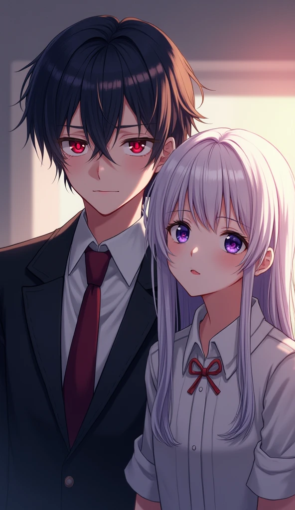 Anime girl with long gray hair and blue eyes, , wearing a black suit and wounds covering her body, crying and hugging a 2 young man with brown hair and green eyes, with sharp and serious features, wearing a formal suit
