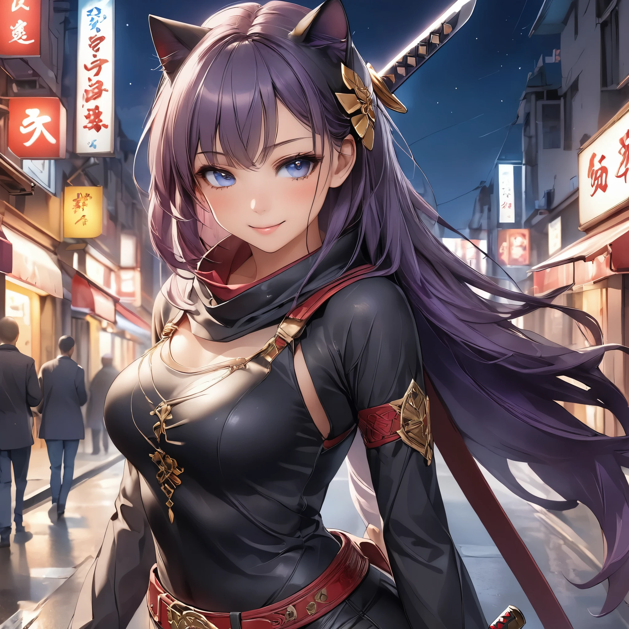 Masterpiece, 4K, HDR, full HD, (best quality), (ultra detailed), (only), intricate ANIME TYPE, best quality, 1girl, deep purple hair , hyper beautiful face, purple hair, perfect anatomy, shiny skin, full body, alone (shiny purple hair, long hair), looking at viewer, perfect hands, perfect legs, super detailed clothes, intricate clothes, hyper detailed cloths, super detailed face, super detailed skin, super detailed quality, expressive eyes, blue eyes, super detailed eyes, JK, epngekatsuragimisato , SDXL Illustration Design Beautiful Girl Two-dimensional Pretty Girl Digital Painting Comic Ukiyo-e Watercolor Manga Other,ROUGH, smile, blushing, dynamic pose, American shot, cowboy shot, portrait quality, UrbanGraffiti, A sexy ninja woman's outfit is tight and elegant, designed to combine agility and attractiveness. She wears a black leather or spandex bodysuit that hugs her figure, with red or gold details. The top has a subtle neckline and long sleeves, while the legs are covered with tight pants that allow freedom of movement. sHe wears a mask that covers the lower half of her face, leaving her eyes exposed. On her thighs, she wears sheaths for daggers or shurikens, and high boots with soft soles. A tight tooled belt and a katana on her back complete her mysterious and deadly look. She has a hood that is part of her black outfit,