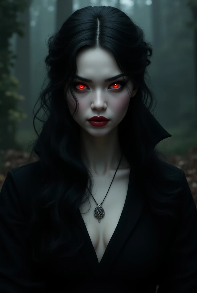a white girl with black hair from head to toe all over her body, and her eyes glowed red