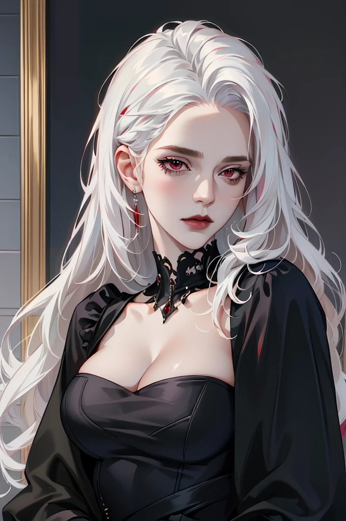 Realistic Portrait, Elegant mature woman (1 female), with red eyes, white hair, focus on face, cleavage, gothic black dress, only upper body, up to waist, soft light, high detail, 4k resolution, high quality, beautiful CG