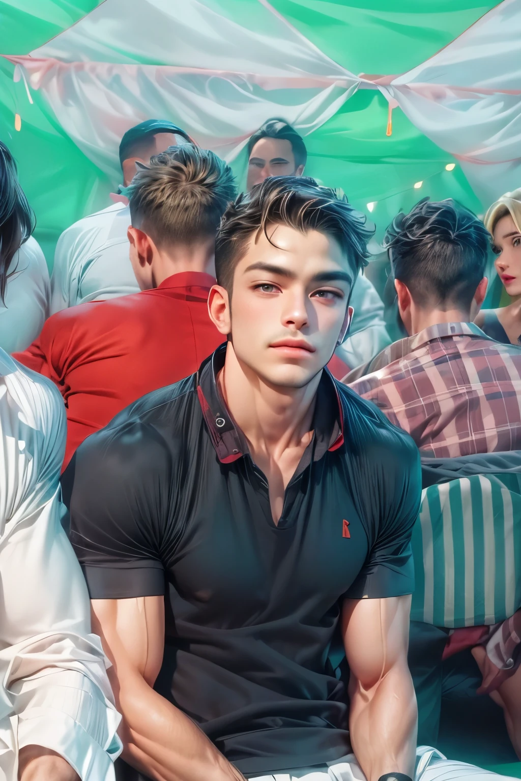 (The best quality, hiperrealistic de fondo varios colores armónicos:1.2),realistic, illustrator, 1 hombre joven elegant y sensual, elegant, adornos elegants, detailed lips, modern sensual casual clothing without showing intimate parts, red wine color gradient background, pastel colors that are harmonious with each other, Neon hair, textured cutout, masterpiece, classic retro style, black style , European style