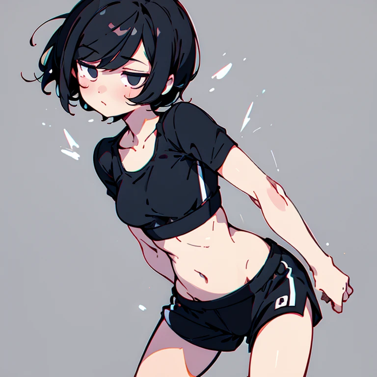 １ girls、Short hair with black stupid hair、 black sports bra full of tenderness and motherhood、Black shorts、Gray background