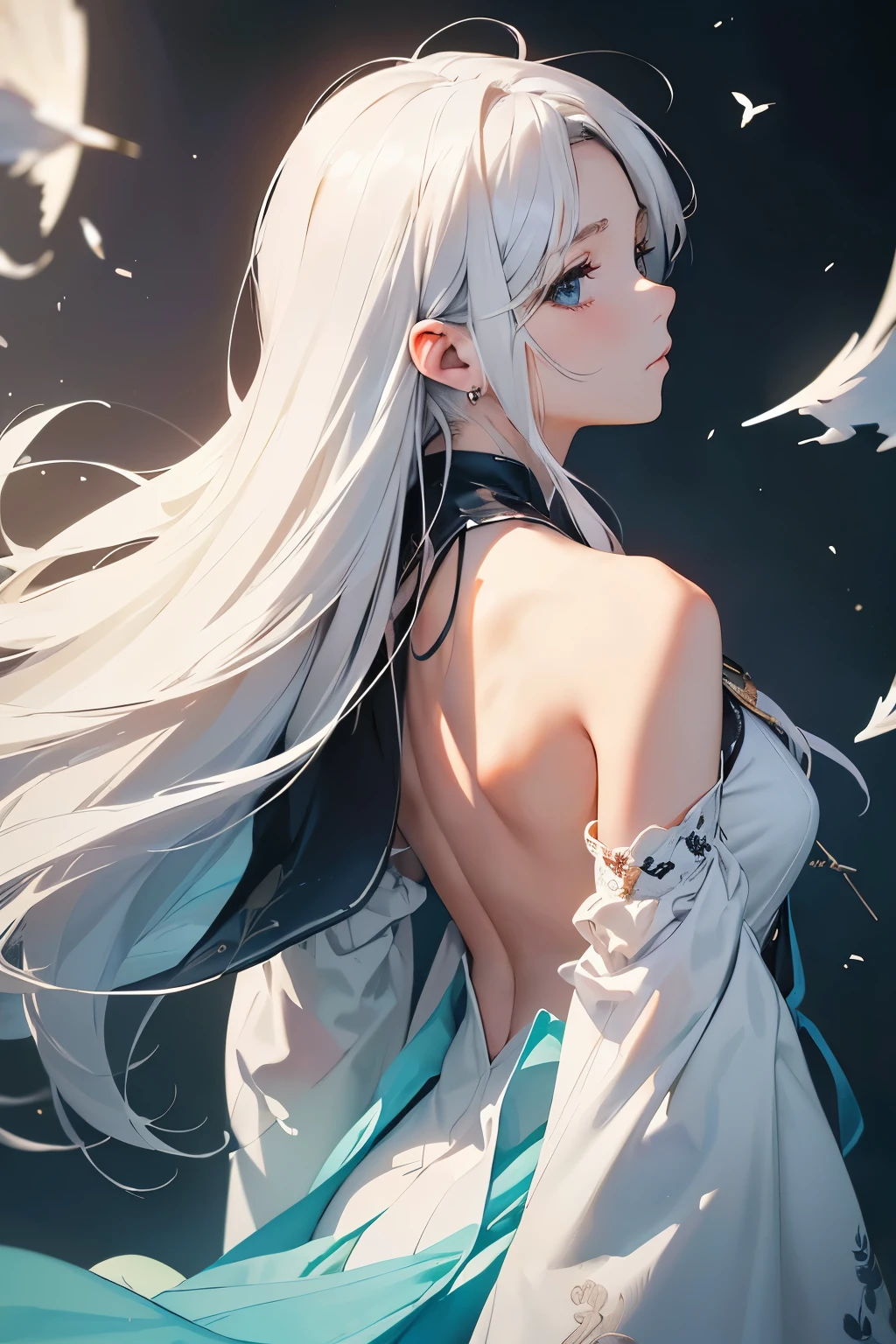 (Image from chest up:1.4)((masterpiece:1.5,Highest quality,Beautiful images、Realistic、2.5D、Artistic、Portraiture))(1girl, solo)(medium breasts, Silver Hair、long hair、Beautiful cleavage、sideboob、Exposing shoulders、Tattoo on shoulder)(Profile Portrait,Gaze sideways、Gaze diagonally、Shake your head、A sad expression, floating hair)(Monotone Abstract Background)((from side:1.3)),Landscape,((outfit-inori,Monotone costumes))
