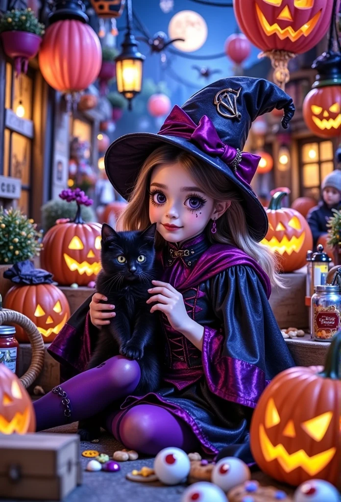 一张photography照片， A small witch in front of a Halloween store ， There is a big moon in the distance ， Surrounded by skyscrapers and skyscrapers ，The sky is blue， pink hot air balloons floating by ， wearing a black magic hat ， The store is in the center of the image ，Holding a black kitten in his arms， revealing the strangeness and mystery of the environment ，Smiling face， A smiling pumpkin under the butt ， There are also a few cute big white eyes beside ， big smile ， The witch wears a purple magic cloak ， The store has airships and mysterious airplanes floating on ， in the sky {x} and riders The magical witch of a broom flies in the sky，Purple atmosphere ， Surrounding the environment ，Very cute，Realism，Realism，photography