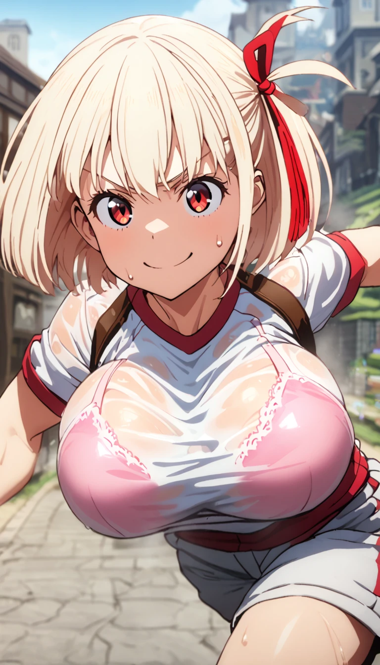 chisato nishikigi, short hair, bangs, blonde hair, red eyes, hair ribbon, one side up, bob cut, large breasts, see-through wet clothes, school gym clothes, (Transparent pink bra clothes:0.8), transparent clothes, short pants, cheerful smile, serious expression, sweat, steam, running, bend orver, from front, bounding breasts, looking at viewer, clear sky, town, streat, best quality, ultra-detailed, high resoolution, 8K, detailed background, motion line at breasts, dynamic movement, lace bra, detailed bra,