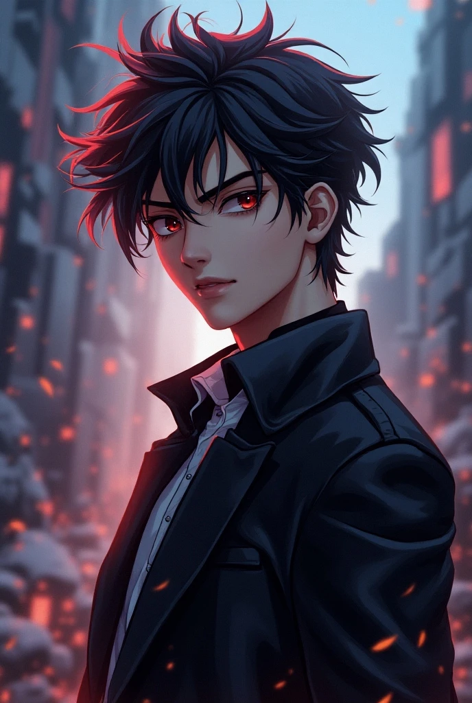 Male character with black hair and red eyes and anime style