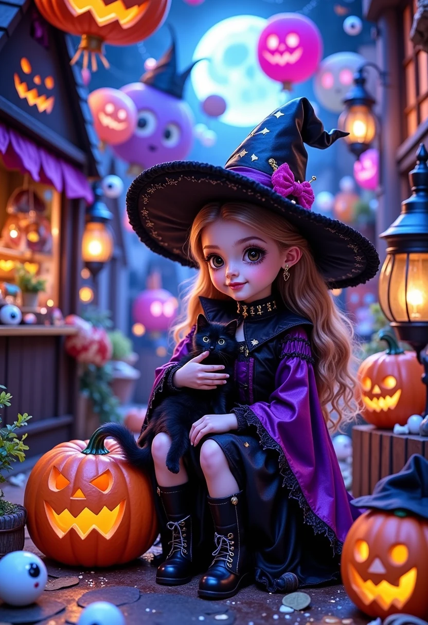 一张photography照片， A small witch in front of a Halloween store ， There is a big moon in the distance ， Surrounded by skyscrapers and skyscrapers ，The sky is blue， pink hot air balloons floating by ， wearing a black magic hat ， The store is in the center of the image ，Holding a black kitten in his arms， revealing the strangeness and mystery of the environment ，Smiling face， A smiling pumpkin under the butt ， There are also a few cute big white eyes beside ， big smile ， The witch wears a purple magic cloak ， The store has airships and mysterious airplanes floating on ， in the sky {x} and riders The magical witch of a broom flies in the sky，Purple atmosphere ， Surrounding the environment ，Very cute，Realism，Realism，photography