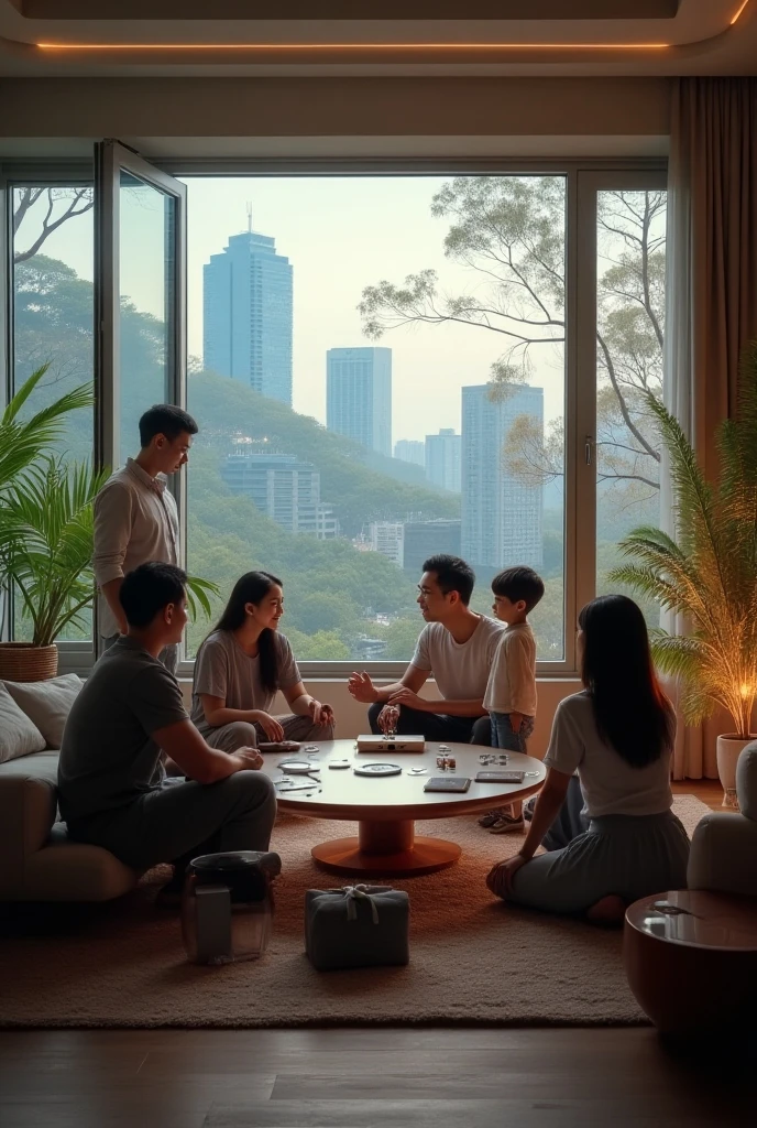 The family room scene was captured in a warm, realistic picture, ultra hd, wide view, 30 years old brother and  30 years old sister smiling each other, father and mother  drinking tea, showcasing their close bond through a heartwarming vernacular style accentuated by the soft, ambient glow of table lamps that radiated a sense of comfort and belonging.