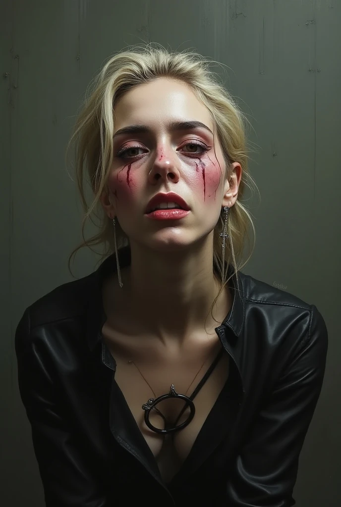 A beautiful girl with blond hair and blue eyes. Dziewczyna ma czarne spodnie i top. There are traces of blood on his stomach.. She is tied with a rope around her stomach, crotch and neck.