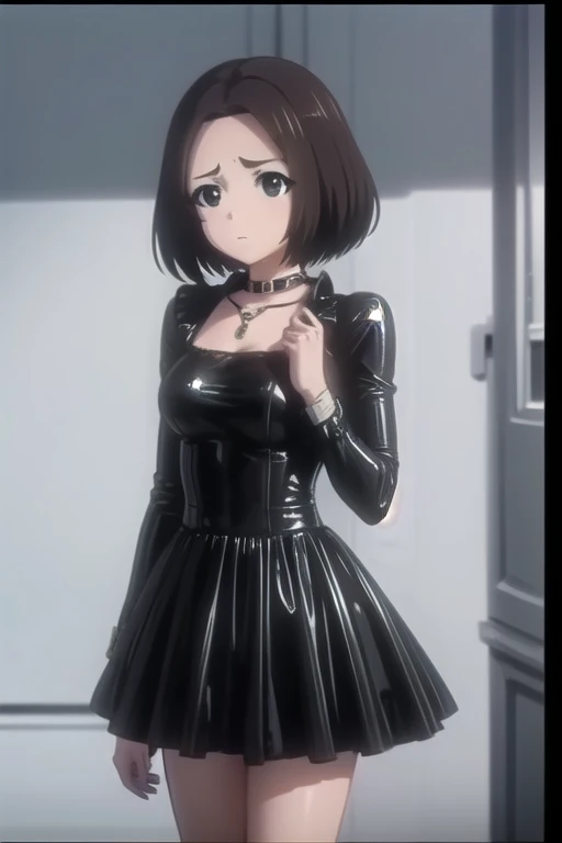 Ricamakiba ,  colleague savings ,  Short Hair ,  brown hair, a gift, (black eyes:1.5), ahoge, hair a gift,
BREAK latex,  up to thighs  , long sleeves,  black latex dress , seraph, necklace, black  up to thighs  ,  black latex skirt , collar, zettai 료iki, black seraph, shoes heels,
BREAK indoors, Class,
BREAK looking at viewer, ( cowboy shot:1.5),
BREAK (masterpiece:1.2),  Best quality ,   High definition, обои unity 8k, ( illustration:0.8), (  Beautiful detailed eyes  :1.6),  extremely detailed face,  perfect lighting ,  extremely detailed CG , (perfect hands, Perfect Anatomy), full height whole body ,  sexy position standing on the stairs, legs in the frame, frame background ,A number of people, 