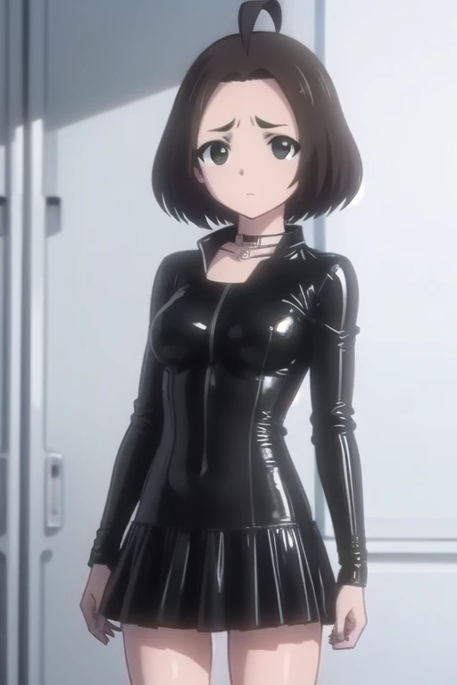 Ricamakiba ,  colleague savings ,  Short Hair ,  brown hair, a gift, (black eyes:1.5), ahoge, hair a gift,
BREAK latex,  up to thighs  , long sleeves,  black latex dress , seraph, necklace, black  up to thighs  ,  black latex skirt , collar, zettai 료iki, black seraph, shoes heels,
BREAK indoors, Class,
BREAK looking at viewer, ( cowboy shot:1.5),
BREAK (masterpiece:1.2),  Best quality ,   High definition, обои unity 8k, ( illustration:0.8), (  Beautiful detailed eyes  :1.6),  extremely detailed face,  perfect lighting ,  extremely detailed CG , (perfect hands, Perfect Anatomy), full height whole body ,  sexy position standing on the stairs, legs in the frame, frame background ,A number of people, 