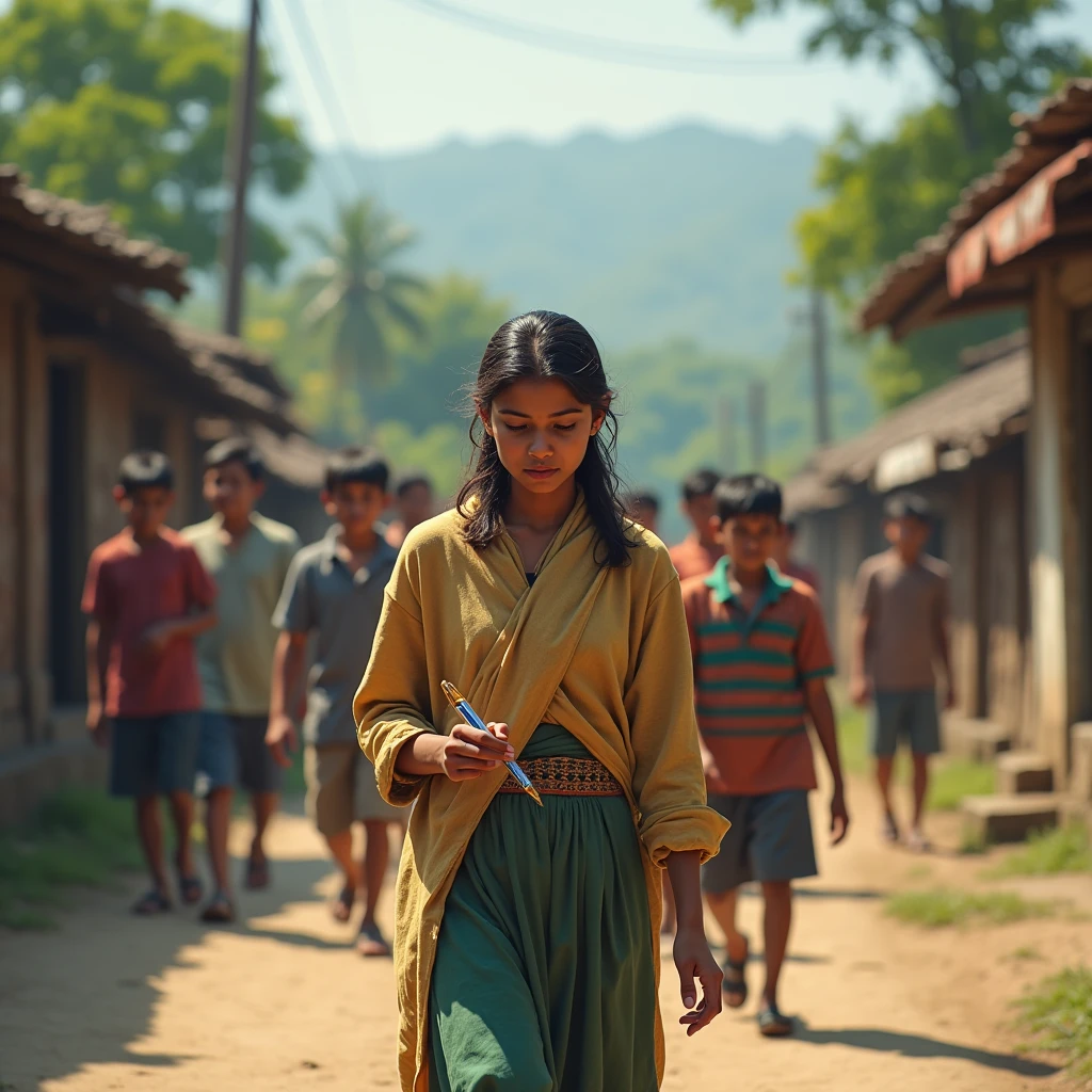 The image shows a 12 year old Indian village girl standing with books in hand before a towering, intricately carved ancestral temple. The young girl has a determined expression on her face, her long dark braid blowing back as beams of sunlight stream down illuminating her. Shadows from the looming ancient temple stretch across the ground behind the girl.
In the background, villagers go about their daily routines - mature women in saris carrying clay water pots upon their hips, farmers tilling fields, barefoot children playing and chasing chickens. The world around the adolescent girl seems locked into tradition's age-old repetitive rhythms and rituals.
But the light upon the 12 year old's eager face symbolizes the glow of knowledge, awakening, and progress she deeply yearns to bring to the ignorant, isolated village. The image conveys this young girl's defiant stance - one of hope and idealism facing down the looming shadows of stagnant customs, regressive superstitions, and the closed minds of the village elders.