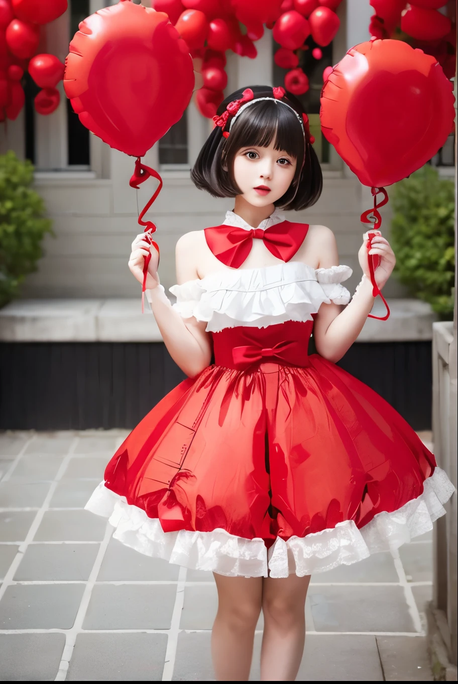 a ************ girls, ((she is holding red balloons)) , real photo, (((full body))), (looking down at me),  bob hair, big ribbon on he hair, (military dress), 