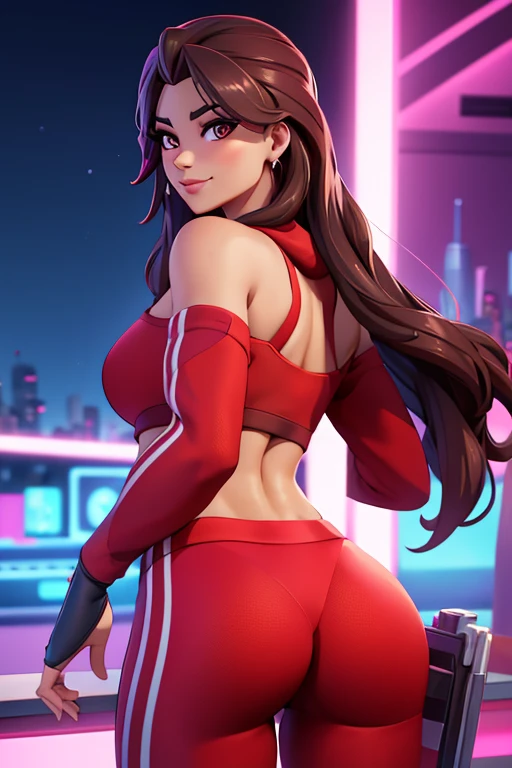 Ruby , (fortnite),1girl, solo, long hair, looking at viewer, smile, breasts, city background, butt, bare shoulders, tight shirt, closed mouth, portrait, red sweatshirt, skin tight pants, red sports pants, seductive, realistic, best quality, masterpiece, ultra detail, ultra high res, extreme detail, 8k, uhd