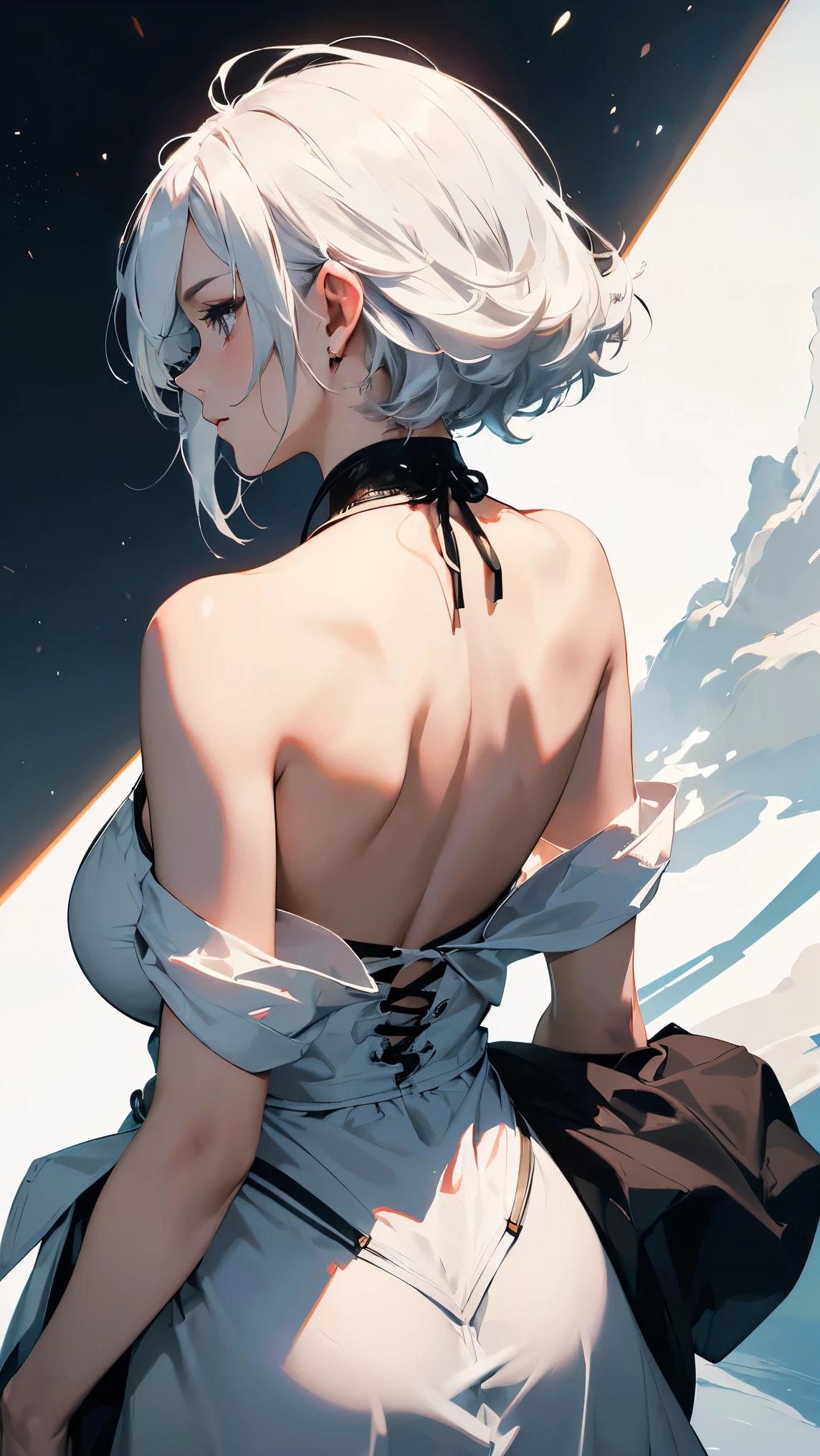 (Image from chest up:1.4)((masterpiece:1.5,Highest quality,Beautiful images、2.5D、Abstract、Artistic、Portraiture))(1girl, 独奏)(medium breasts, white hair、bob hair、Beautiful cleavage、Exposing shoulders、Tattoo on shoulder)(横顔のPortraiture,Gaze sideways、Gaze diagonally、Shake your head、A sad expression, floating hair)(Monotone artistic background)((from behind:1.5)),Landscape