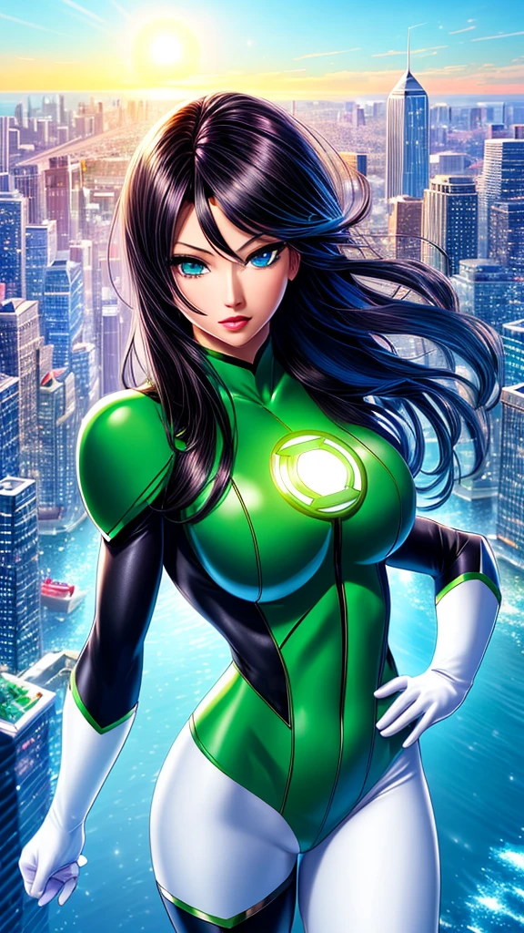 masterpiece, best quality, 1girl, black hair, blue eyes, green lantern costume, white gloves, cityscape background 