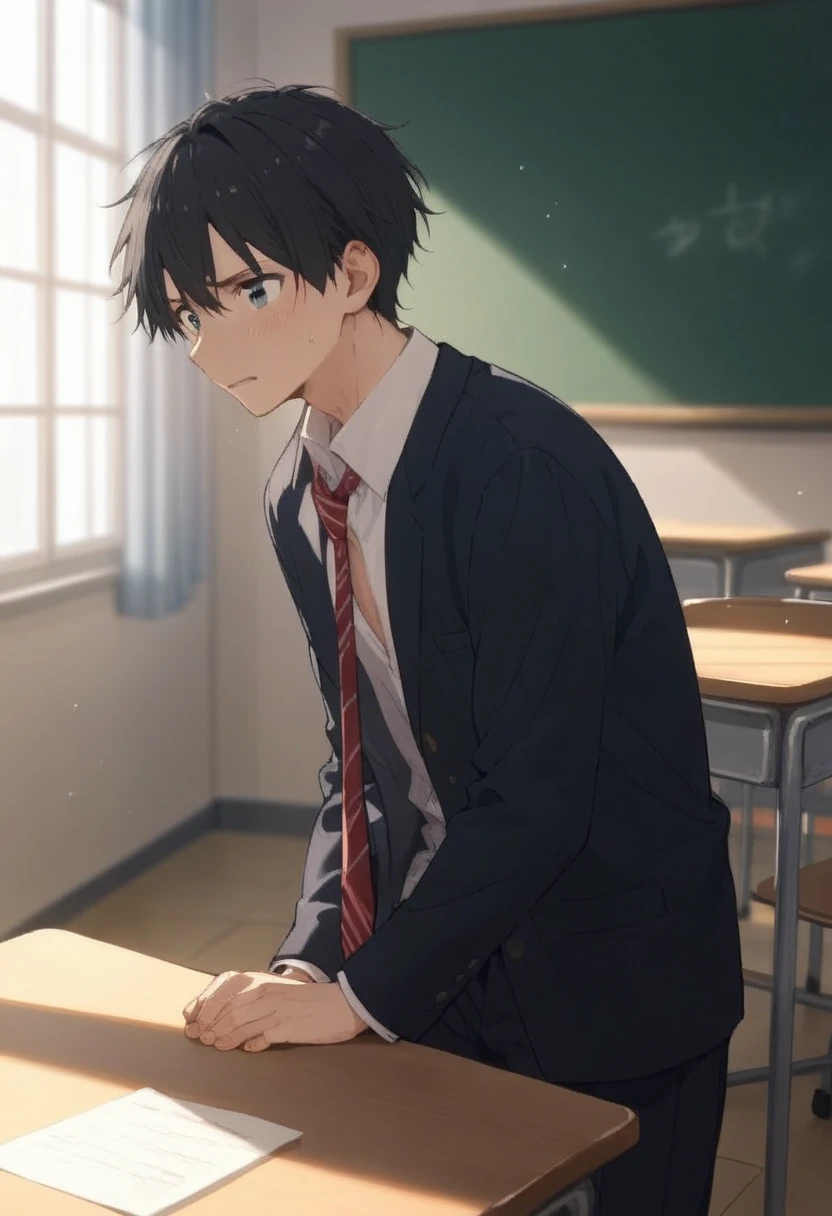 male、二人のmale、tall、maleの体、 high school student 、Student Uniform、slacks、Loose tie、whole body、 Black Hair 、Classroom where the sun shines 、male同士のが濃厚なキスシーン、 Black Hair