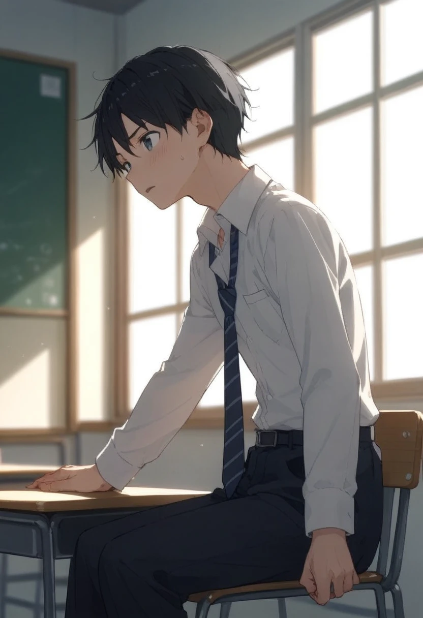 male、二人のmale、tall、maleの体、 high school student 、Student Uniform、slacks、Loose tie、whole body、 Black Hair 、Classroom where the sun shines 、male同士のが濃厚なキスシーン、 Black Hair