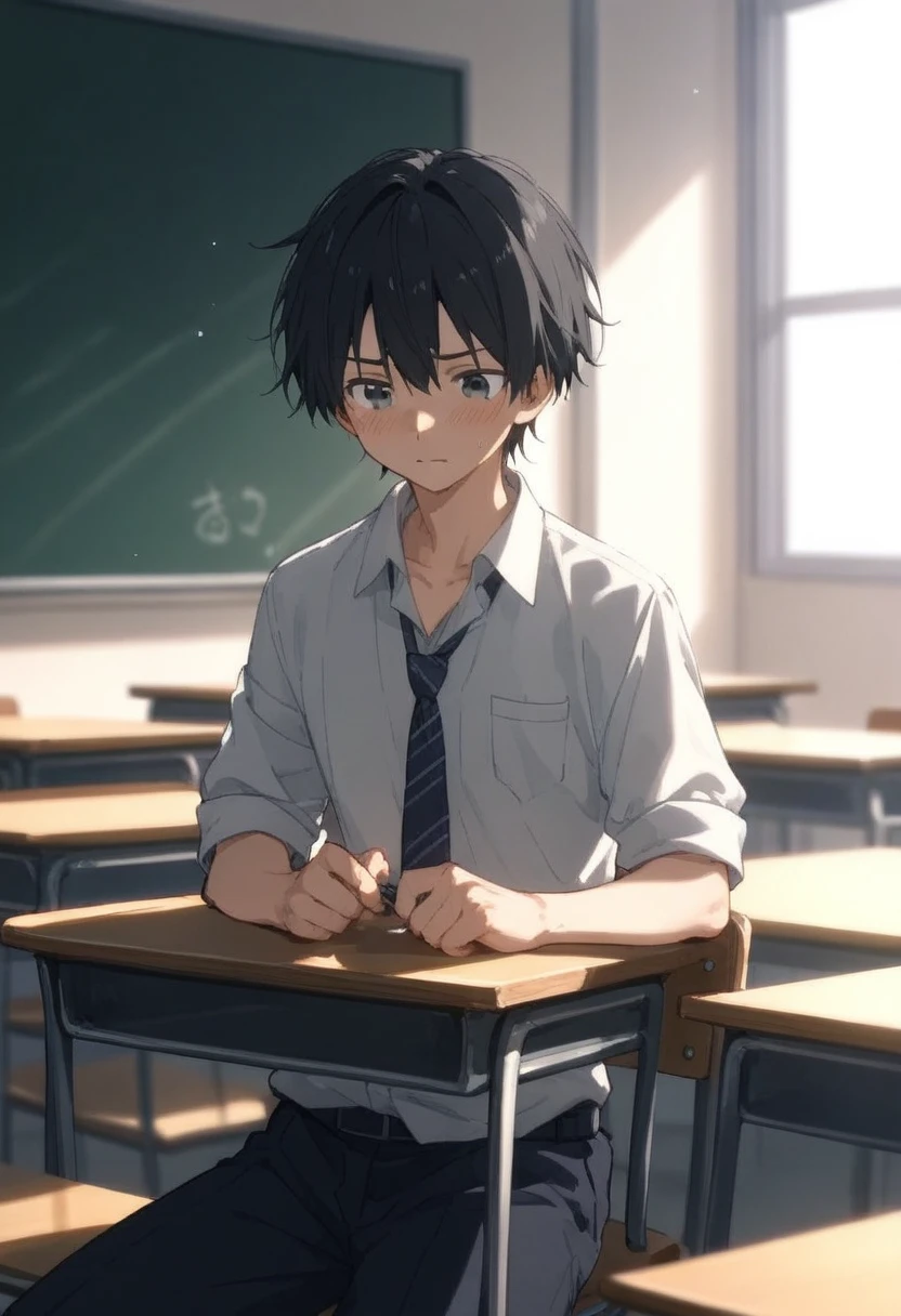 male、二人のmale、tall、maleの体、 high school student 、Student Uniform、slacks、Loose tie、whole body、 Black Hair 、Classroom where the sun shines 、male同士のが濃厚なキスシーン、 Black Hair