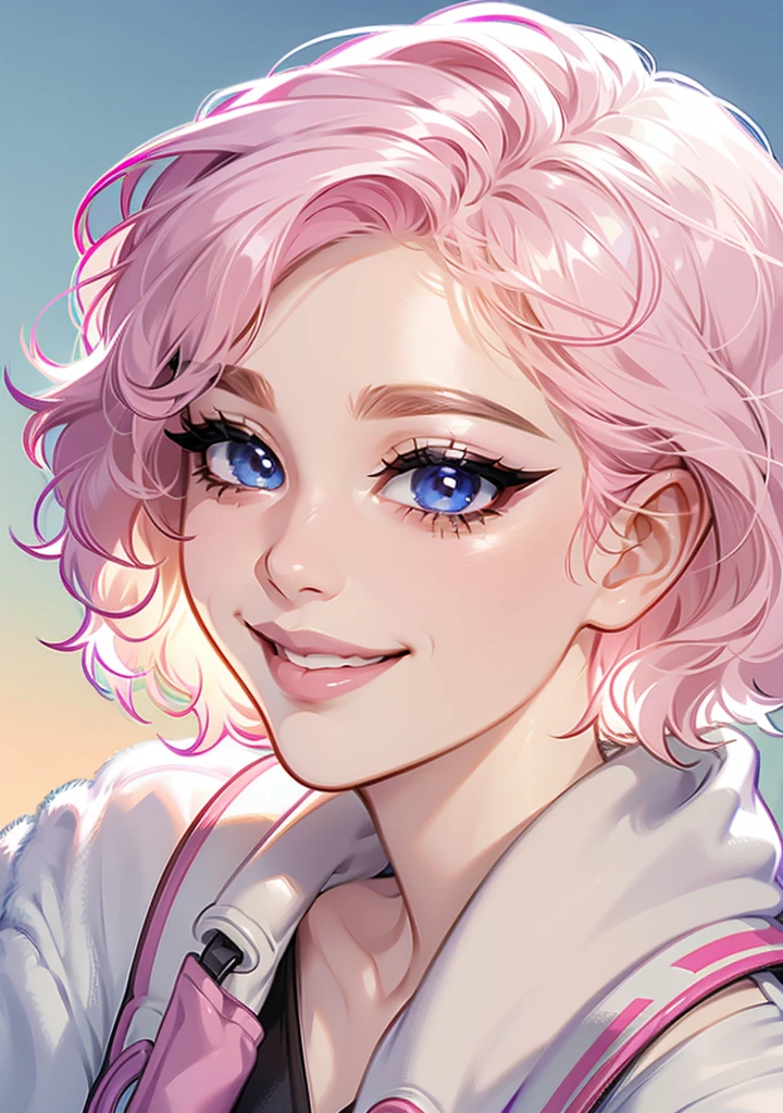 Ultradetailed face, portrait, dynamic angle, detailed shading, short hair, wavy hair, light pink hair, pale skin, smiling, cute face, fit clothing