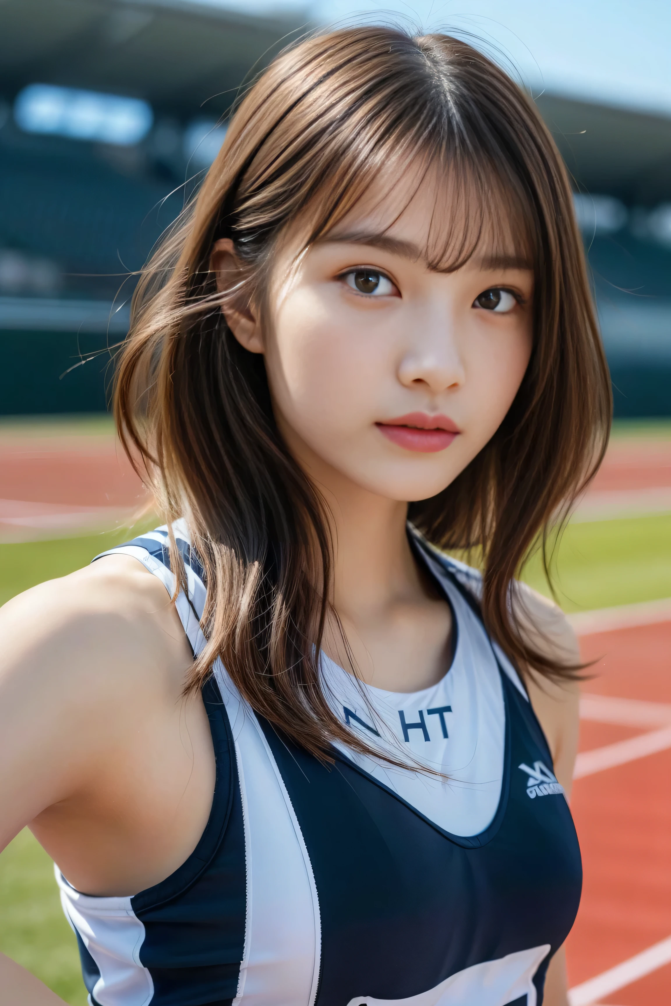 (masterpiece:1.3), high resolution, ultra detailed, extremely detailed CG unity 8k wallpaper, realistic, photo-realistic, RAW photo, beautiful detailed face, pale skin, realistic glistening skin, detailed cloth texture, detailed hair texture, Perfect body, Beautiful Face, accurate, Anatomically correct, Highly detailed face and skin texture, natural neck length, (beautiful hands), (fair skin:1.1), (well-aligned teeth:1.1), (Sweaty skin:1.2), 
BREAK, 
Detailed eyes, symmetric eyes, Light Brown eyes, Double eyelids, Thin eyebrows, (Glossy lips:1.4), ((A face with waiting for a kiss:1.2)), (blush:1.1), (A sparkling small hair accessory:1.1), (beautiful smile:1.1)
BREAK, 
(A classy and Cute idol:1.3), (nude, nsfw, nipple:1.4), 
BREAK, 
medium large breasts, slender figure, firm abs, 
((ponytail, Dark blonde hair, wavy hair, long hair, asymmetric bangs:1.2)),  (cowboy shot:1.2), (looking at viewer:1.2), cowboy shot, From above, 
BREAK, 
(((running in track field:1.3))), 