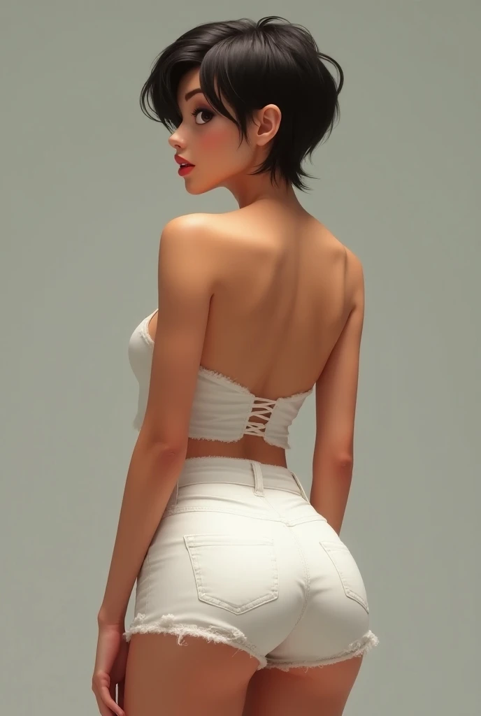 1 Girl, white girl, thot, Blushing, (((Wet Skin)), short shiny black hair, beauty, top heavy lips, cat eye eyeliner, Indoors, (on_back), Crotch, Bottomless, Abrola Prisoner, Torn Clothes, See-Through Bra, See-Through Panties, Metal Collar, Shackles, Slaves, Chains, Shackles, The World of Marquis de Sade, Best Quality, Masterpiece, Ultra High Res, ( photorealistic:1.4), RAW photo, white top and denim shorts, visible thong straps, big boobs, mischievous look on face, thong, smokey eyes. ((girl pulling down her shorts, stripping))
