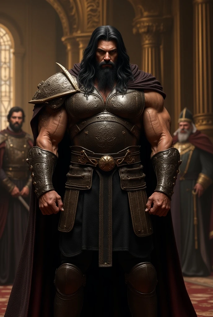 realist, (masterpiece), (photorealist:1.3), ultra detailed, (high detailed:1.2), (Best Quality:1.0),  manly, muscular, Tall Man, body hair, chest hair, A man in royal attire, 35 years, covered with a small insulting armor, fancy, full body character sheet, huge bulge in crotch, cuerpo muscular, full body view, inside a castle, very small thread loincloth, Haircut, Shadow of six o&#39;clock.