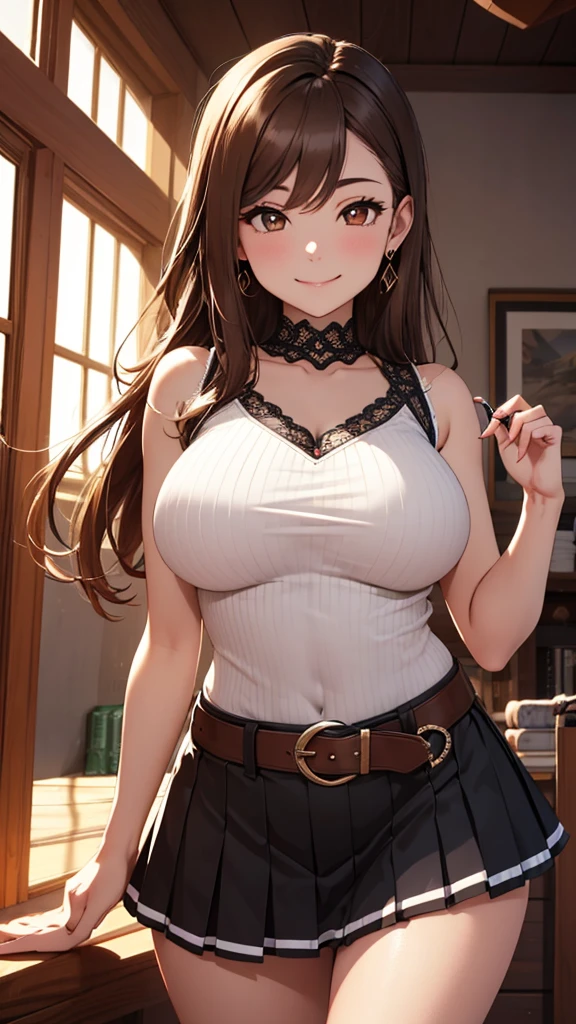  masterpiece ,  high resolution:1.4),  The best quality , illustration,  Ultra detailed, Fine details, highres,  Perfect dynamic composition ,  beautiful detailed brown eyes , shiny necklace and earrings, sexy dynamic body ,  beautiful long brown hair , 26 years old, (highest quality,4k,8K, high resolution, masterpiece :1.2), super detailed, abdomen,  Smiling with a little emotion , , thighs, COWBOY SHOT,  Big breasts,  sleeveless high collar black ,  black , collect,  Mini skirt with ruffles and bobbin lace ,Cara sexy, a belt,Bags, A necklace,piercings, Shoulderless V-neck sweater with big and loose bobbin lace, Use the sunset as lighting , cinematic light 
