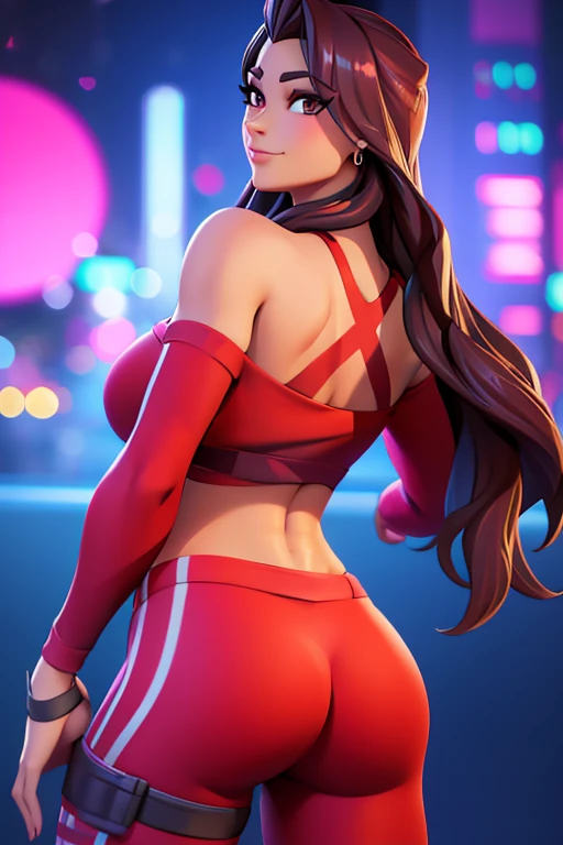 Ruby , (fortnite),1girl, solo, long hair, looking at viewer, smile, breasts, city background, butt, bare shoulders, tight shirt, closed mouth, portrait, red sweatshirt, skin tight pants, red sports pants, seductive, simple background, realistic, best quality, masterpiece, ultra detail, ultra high res, extreme detail, 8k, uhd