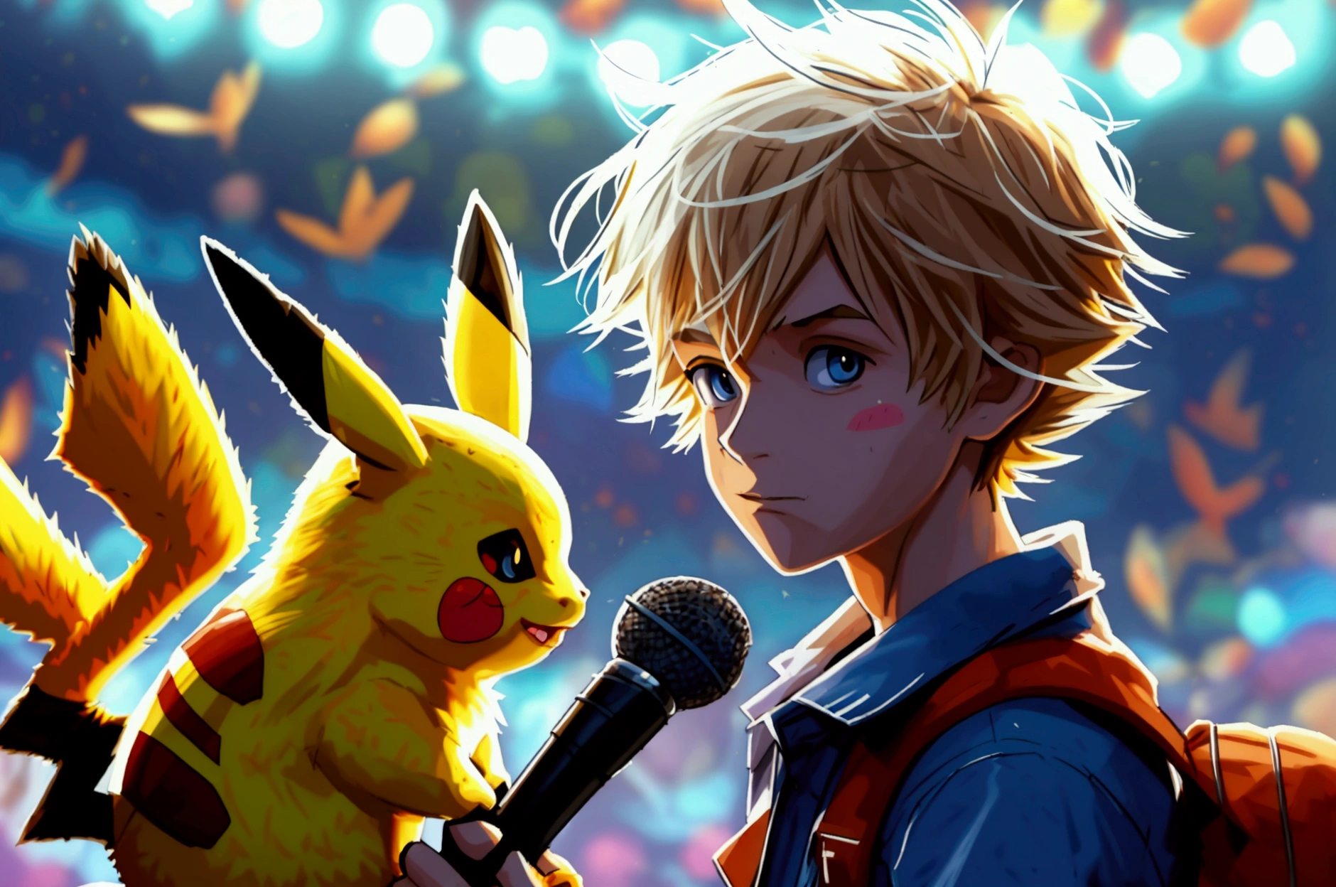 Steve irwin, 1 boy, male focus, blonde hair, holding,  holding a microphone speaking to a crowd, Pikachu, Vaporeon, Jolteon and Bulbasaur are on his shoulders, in a Pokemon Gym, specular highlights, detailed face, detailed eyes,