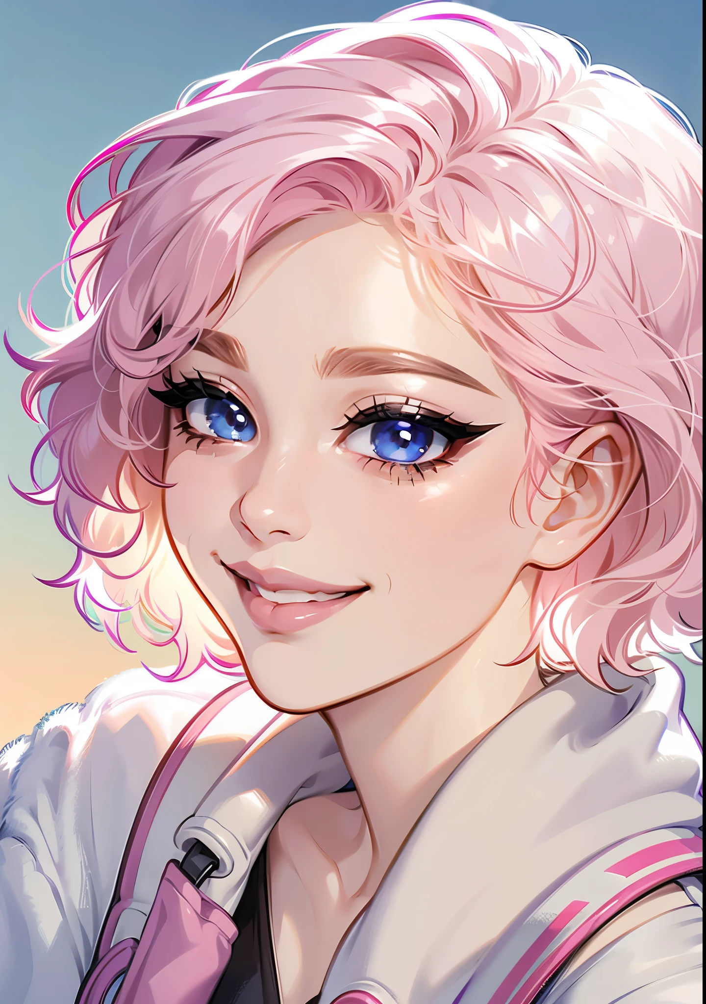 Ultradetailed face, portrait, dynamic angle, detailed shading, short hair, wavy hair, light pink hair, pale skin, smiling, cute face, fit clothing